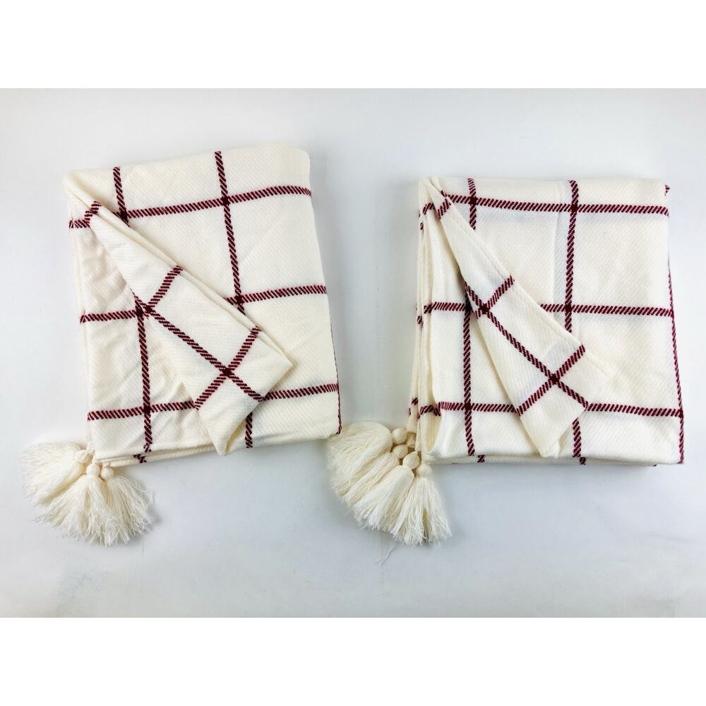 Set Hearth Hand Magnolia Throw Blanket Red Plaid Fringe White Checkered Tassels